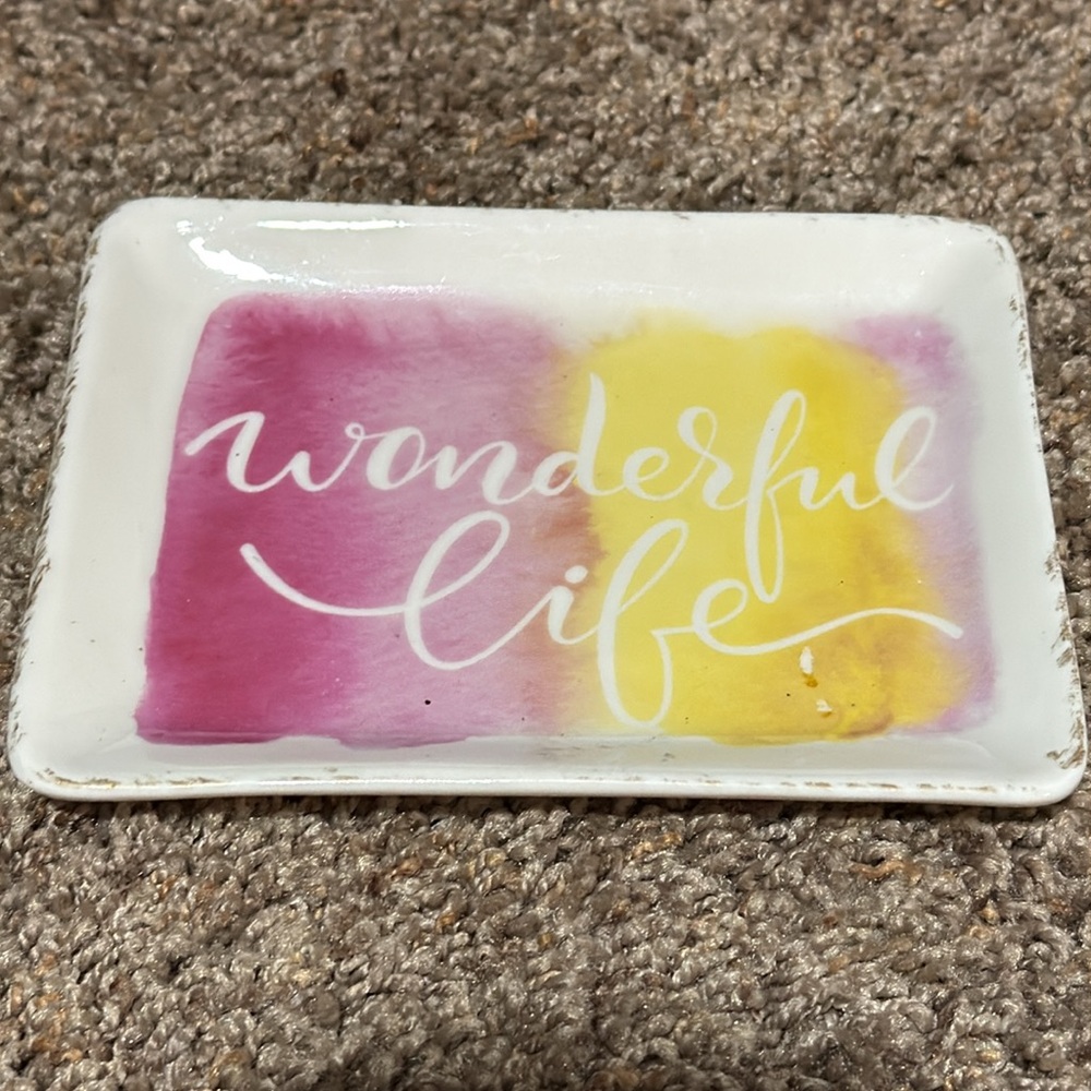 New Kirkland’s "Wonderful Life" Trinket Tray Pink Yellow 5.5"x4.25".
